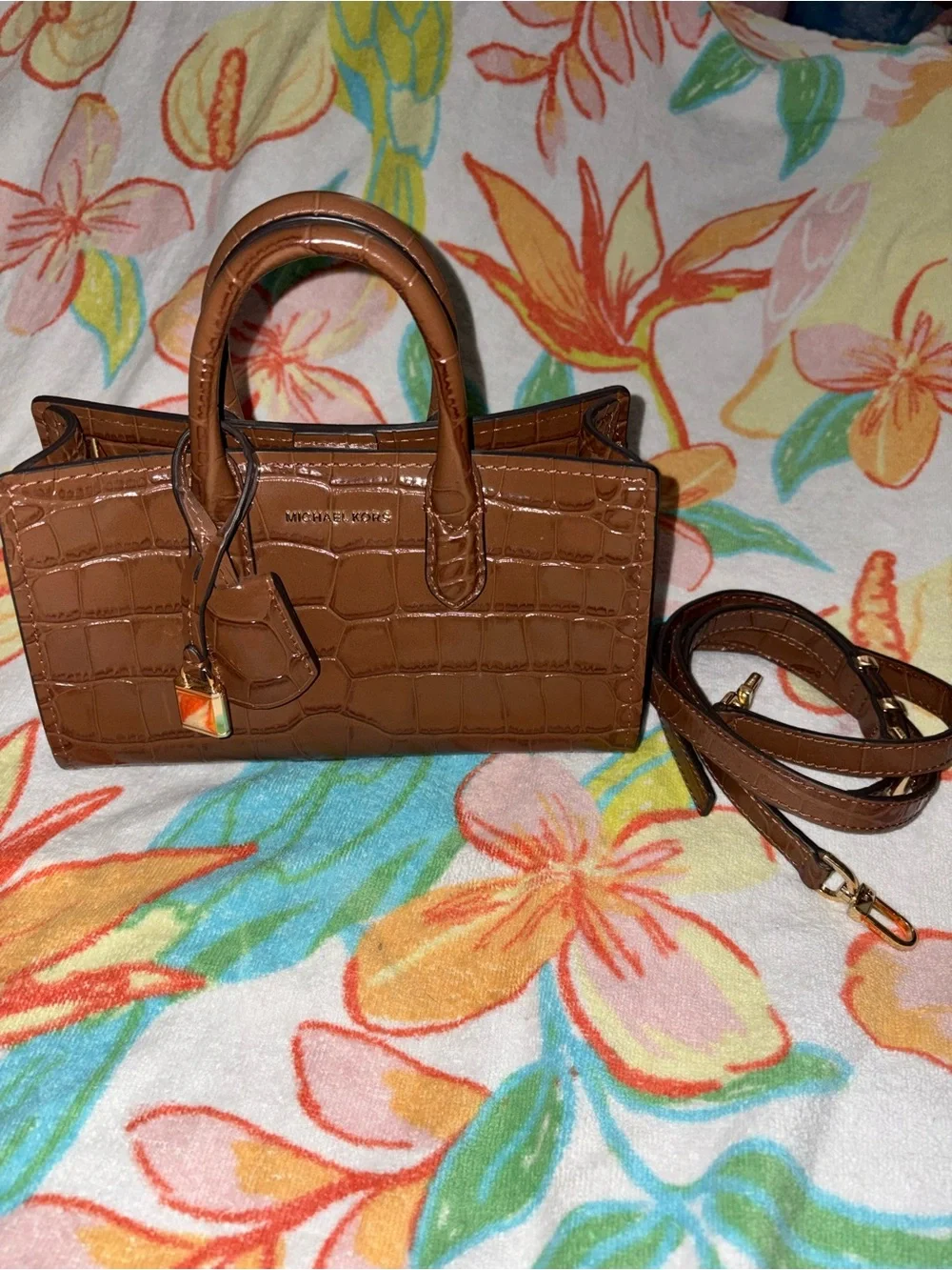Michael Kors Cognac Croc-Embossed Mini Satchel